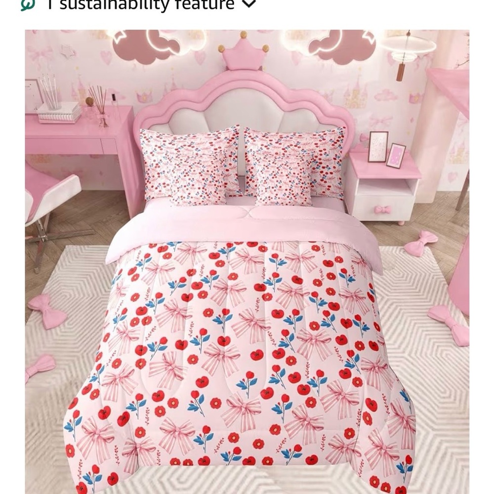 Pink Floral Bow Comforter Set - Kids Bedding